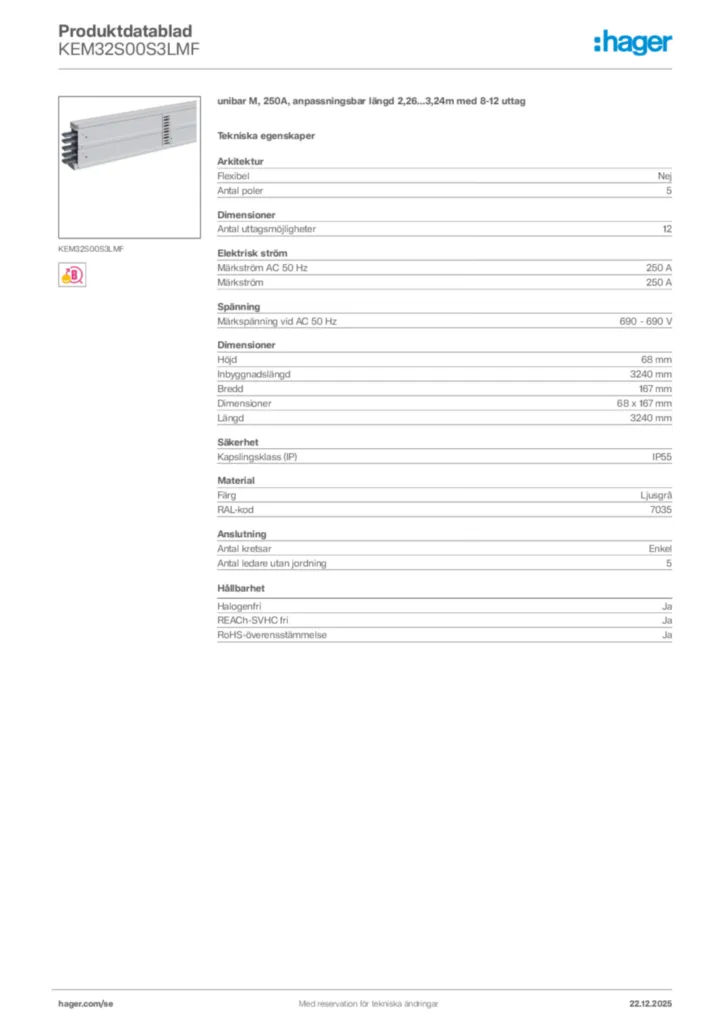 Bild Hager Produktdatablad KEM32S00S3LMF | Hager Sverige