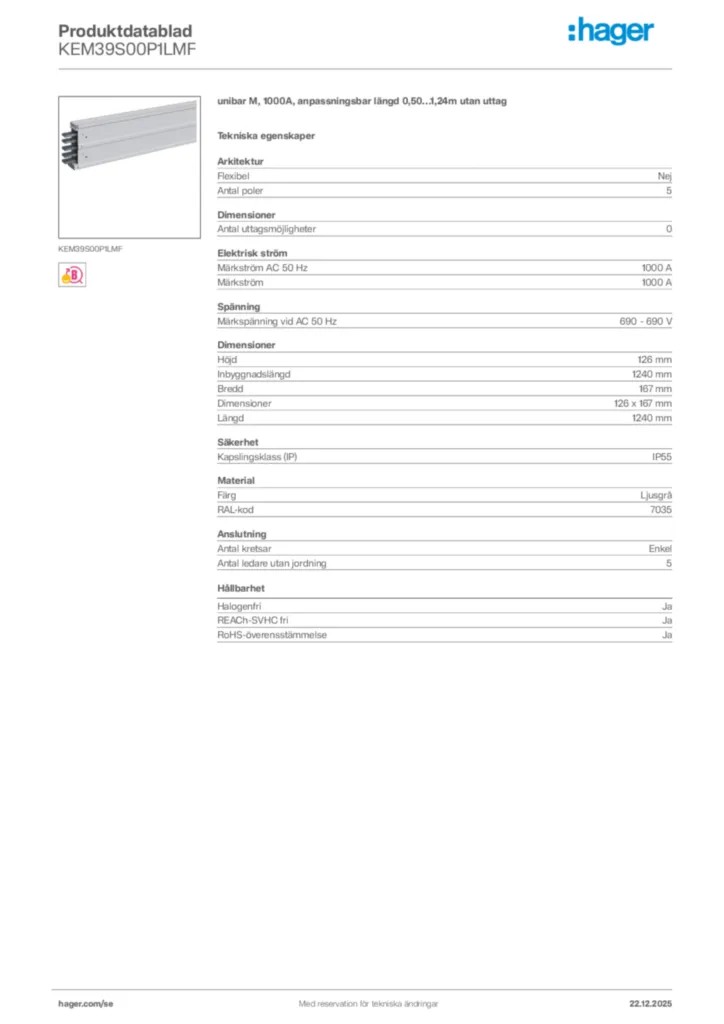 Bild Hager Produktdatablad KEM39S00P1LMF | Hager Sverige