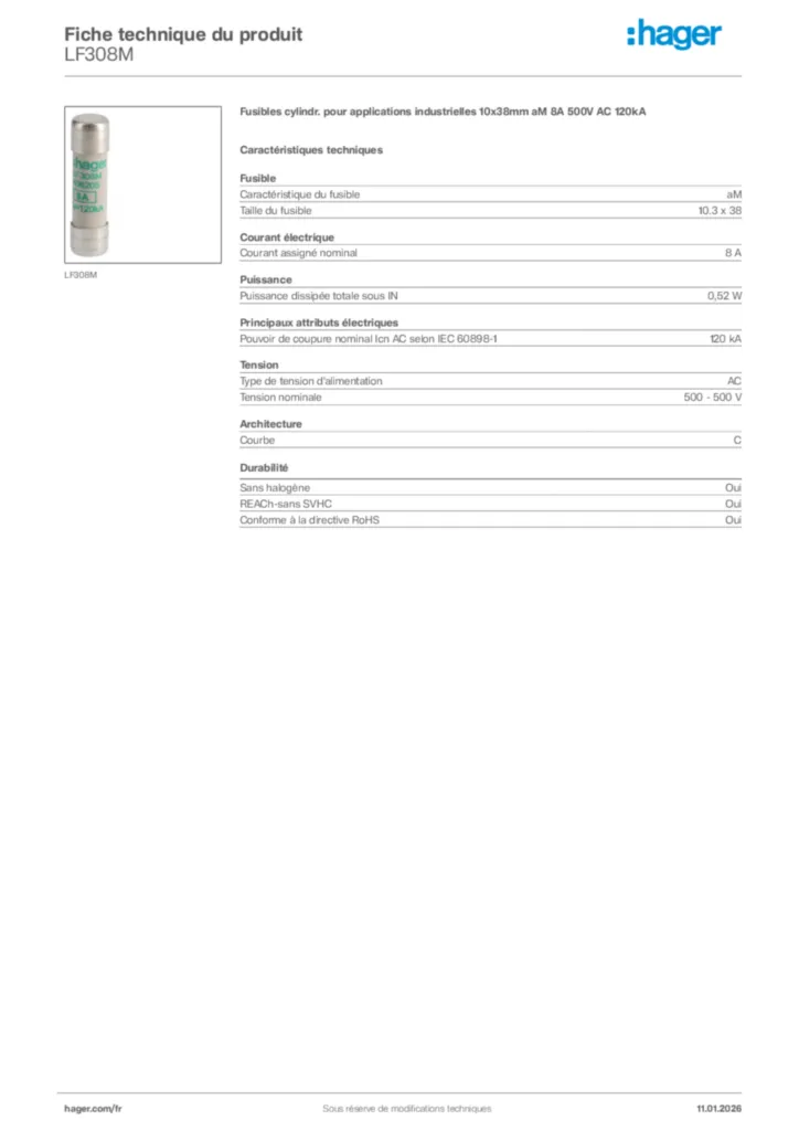 Image Hager Fiche technique du produit LF308M | Hager France