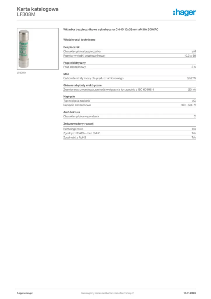 Zdjęcie Hager Karta katalogowa LF308M | Hager Polska