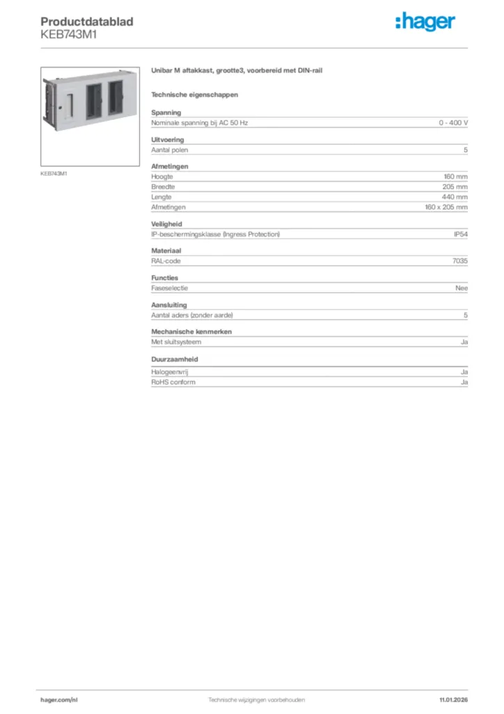 Afbeelding Hager Productdatablad KEB743M1 | Hager Nederland