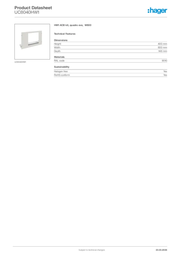 Image Hager Product data sheet UC8040HW1  | Hager Africa