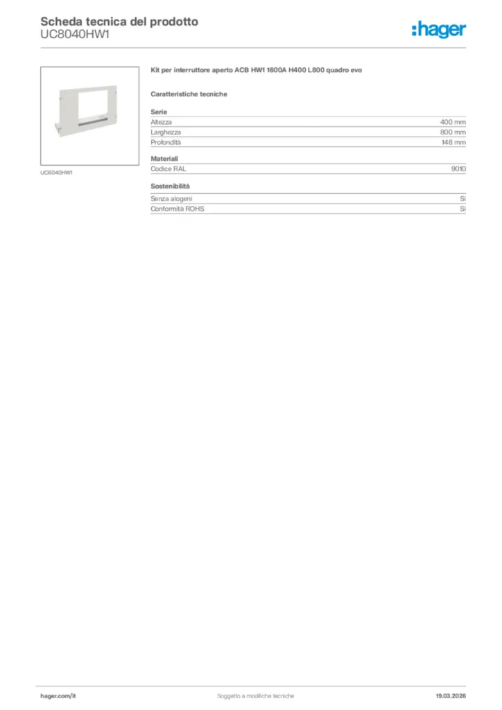 Immagine Hager Scheda tecnica del prodotto UC8040HW1 | Hager Italia