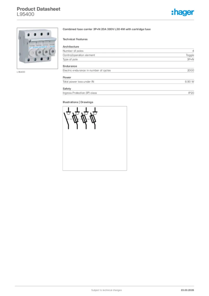 Image Hager Product data sheet L95400  | Hager Africa