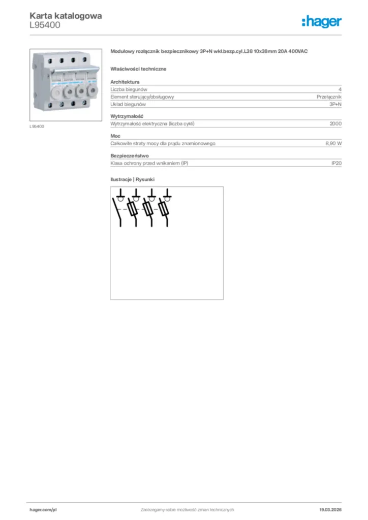 Zdjęcie Hager Karta katalogowa L95400 | Hager Polska