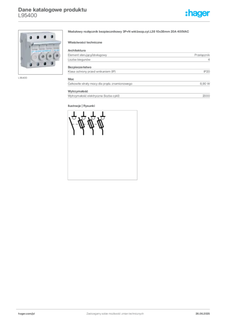 Zdjęcie Hager Dane katalogowe produktu L95400 | Hager Polska