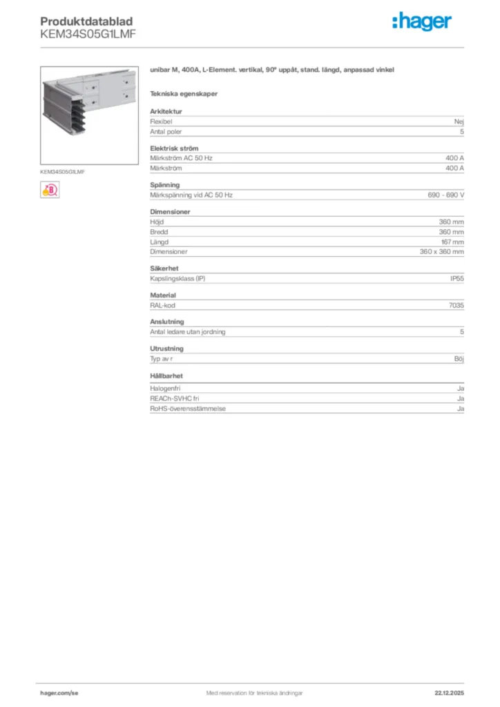 Bild Hager Produktdatablad KEM34S05G1LMF | Hager Sverige