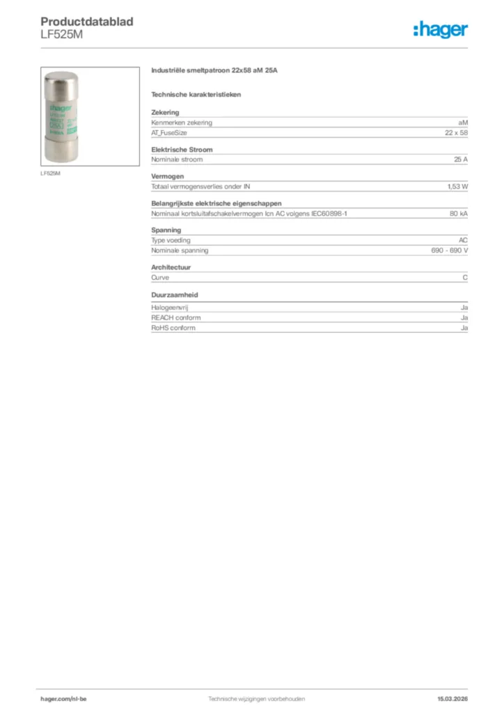 Afbeelding Hager Productdatablad LF525M | Hager Belgium