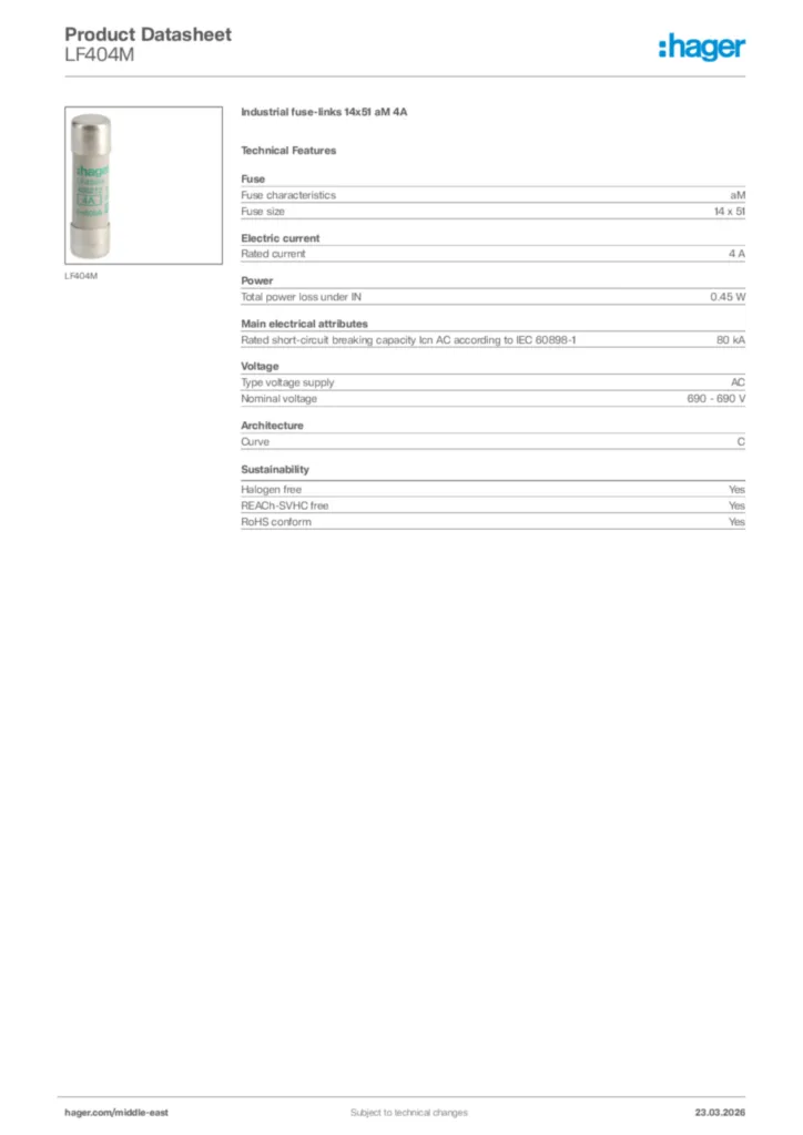 Image Hager Product data sheet LF404M  | Hager