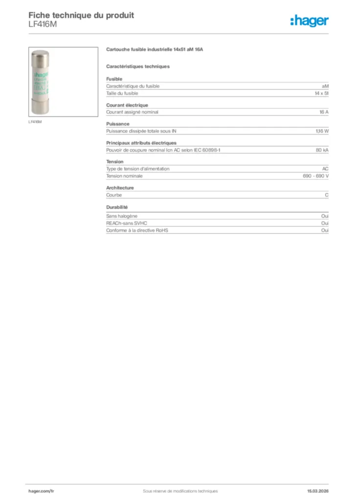 Image Hager Fiche technique du produit LF416M | Hager France