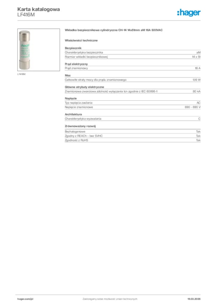 Zdjęcie Hager Karta katalogowa LF416M | Hager Polska