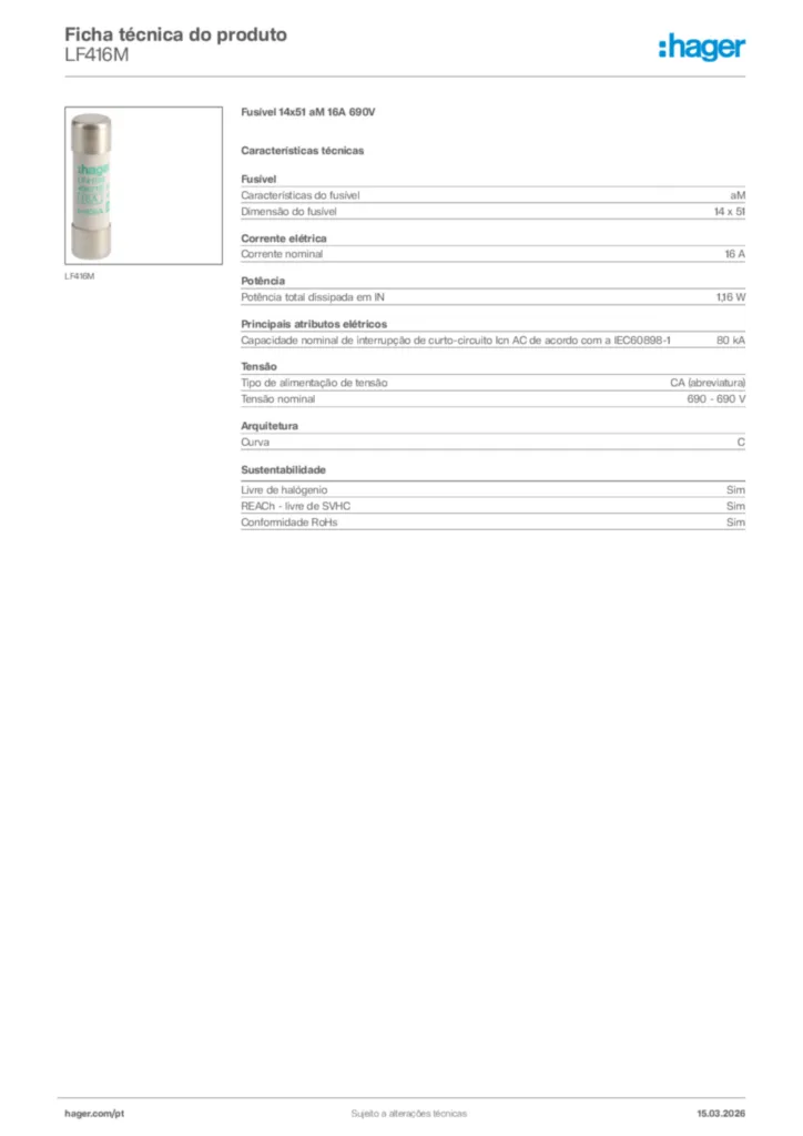 Imagem Hager Ficha técnica do produto LF416M | Hager Portugal