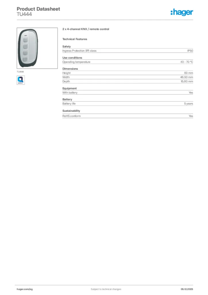 Image Hager Product data sheet TU444  | Hager
