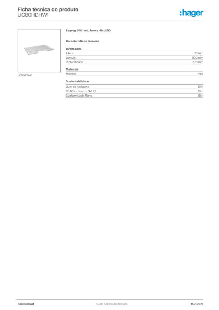 Imagem Hager Ficha técnica do produto UC80HDHW1 | Hager Portugal