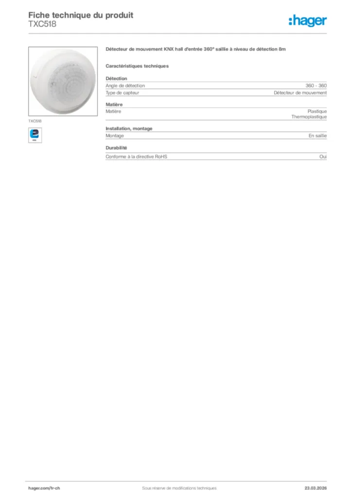 Image Hager Fiche technique du produit TXC518 | Hager Suisse