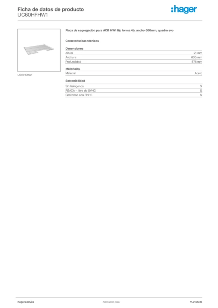 Imagen Hager Ficha de datos de producto UC60HFHW1 | Hager España