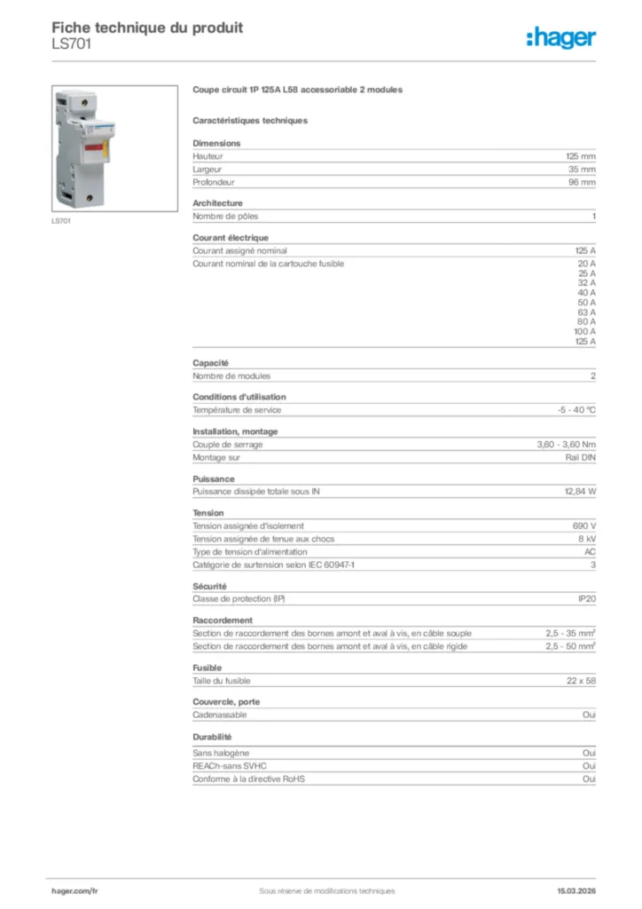 Image Hager Fiche technique du produit LS701 | Hager France