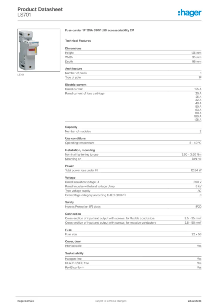 Image Hager Product data sheet LS701  | Hager