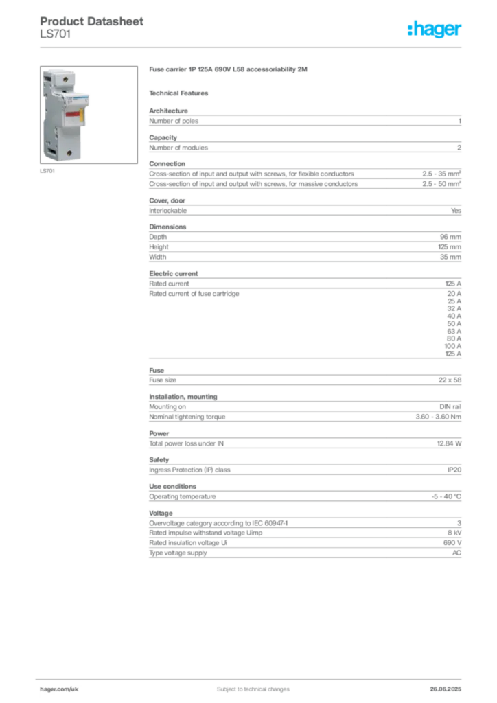 Image Hager Product data sheet LS701  | Hager