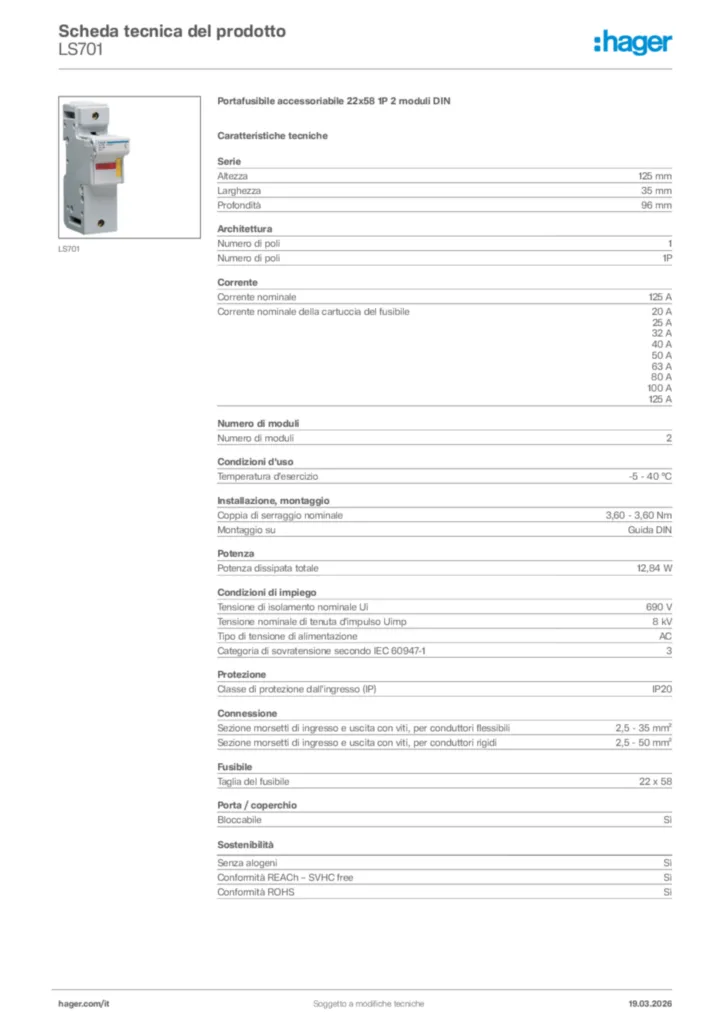 Immagine Hager Scheda tecnica del prodotto LS701 | Hager Italia