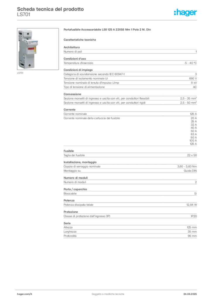 Immagine Hager Scheda tecnica del prodotto LS701 | Hager Italia
