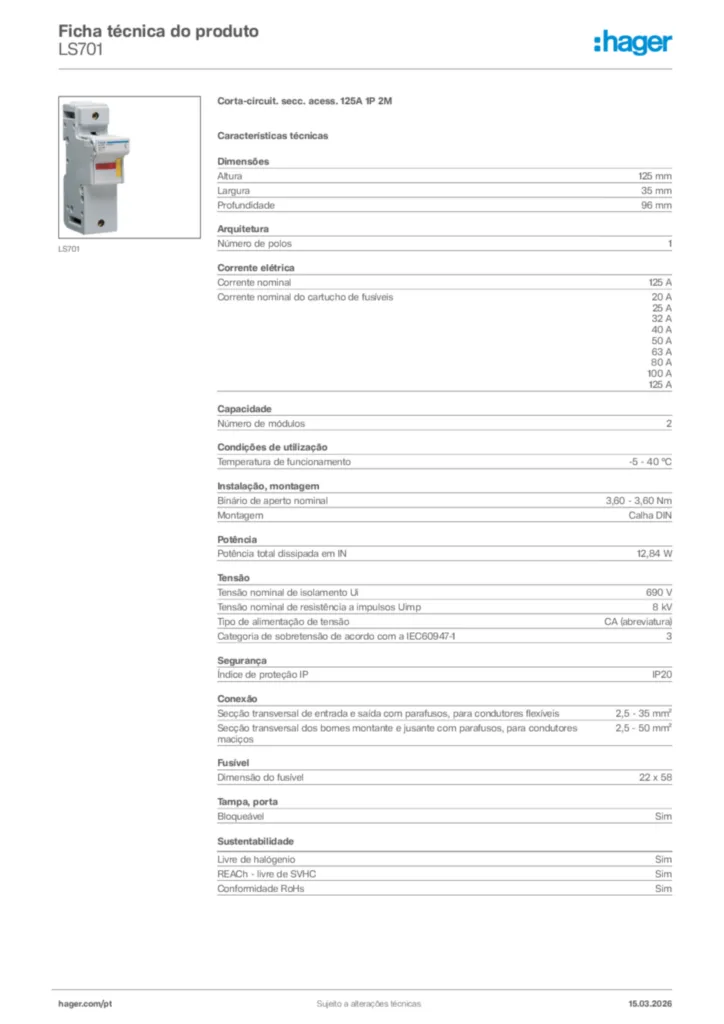 Imagem Hager Ficha técnica do produto LS701 | Hager Portugal