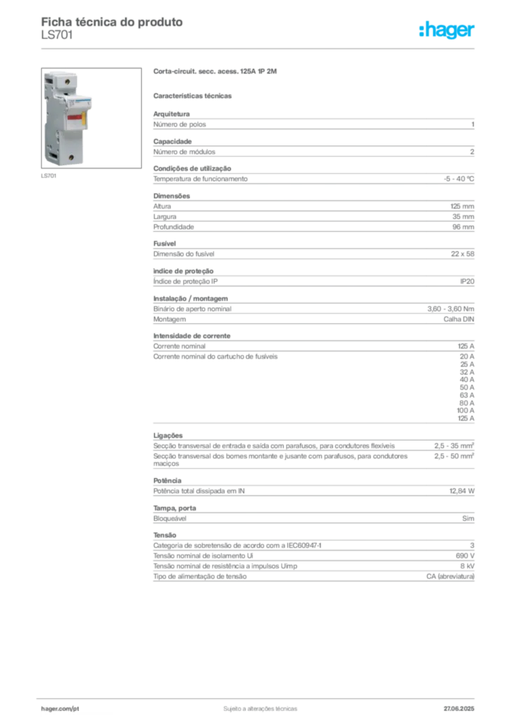 Imagem Hager Ficha técnica do produto LS701 | Hager Portugal
