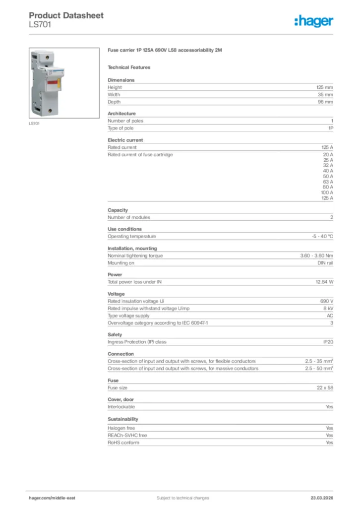 Image Hager Product data sheet LS701  | Hager