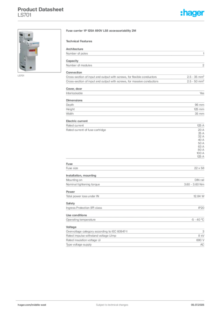 Image Hager Product data sheet LS701  | Hager