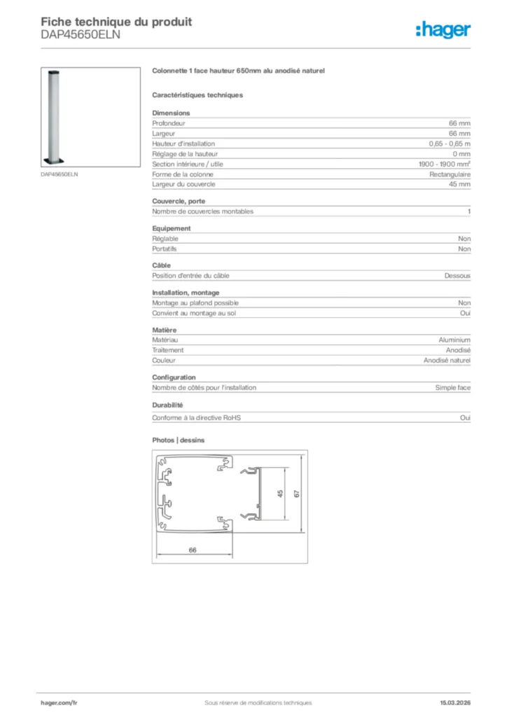 Image Hager Fiche technique du produit DAP45650ELN | Hager France