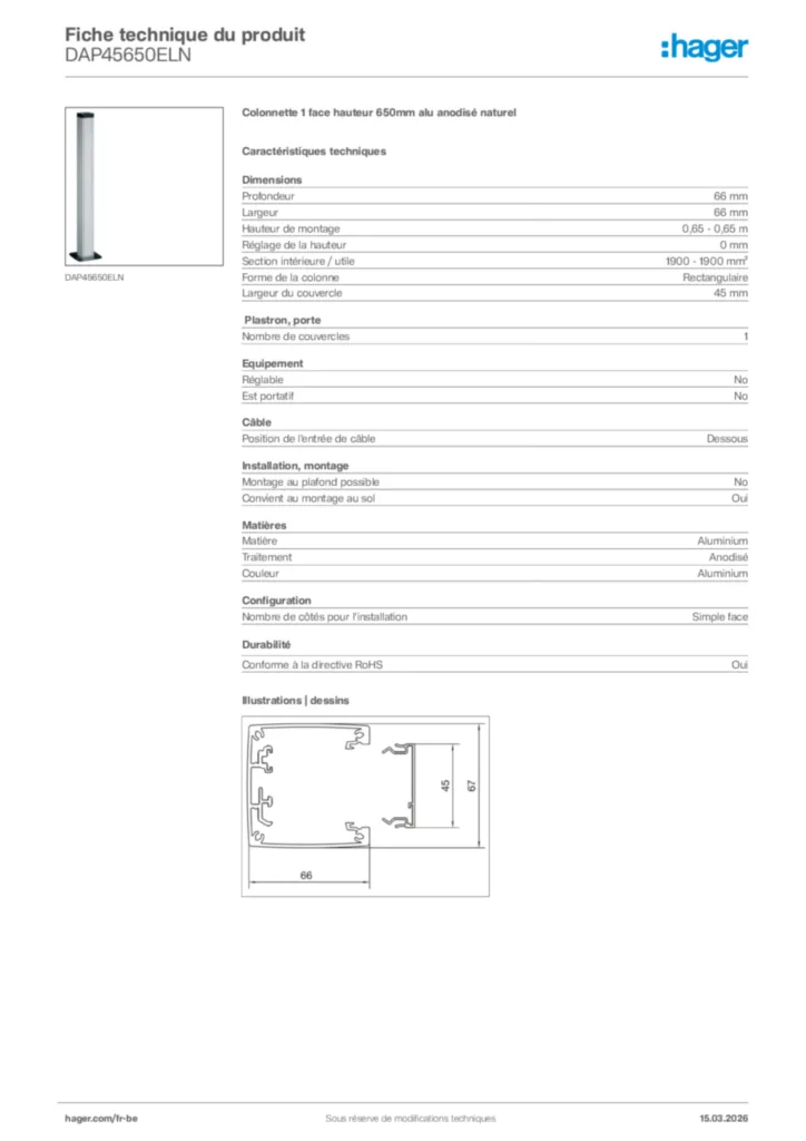 Image Hager Fiche technique du produit DAP45650ELN | Hager Belgique