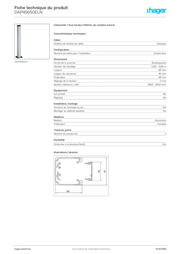 Image Hager Fiche technique du produit DAP45650ELN | Hager Belgique