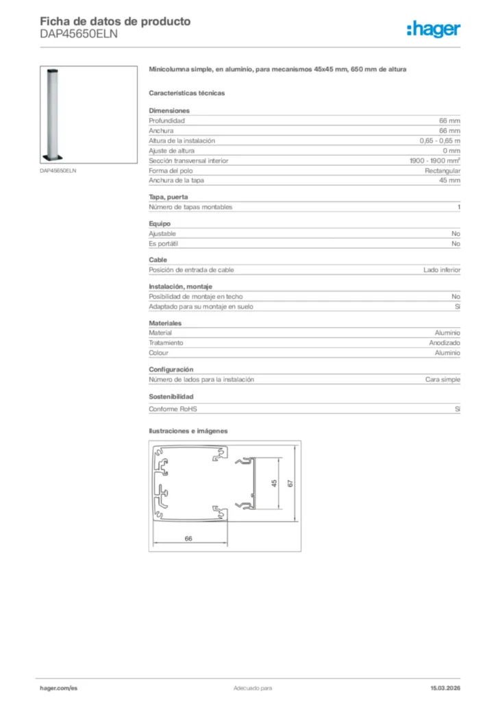 Imagen Hager Ficha de datos de producto DAP45650ELN | Hager España