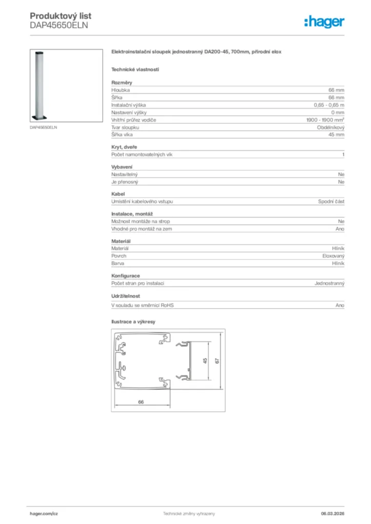 Obrázek Hager Product data sheet DAP45650ELN | Hager
