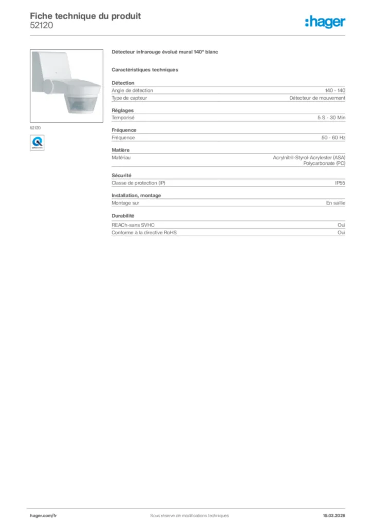 Image Hager Fiche technique du produit 52120 | Hager France