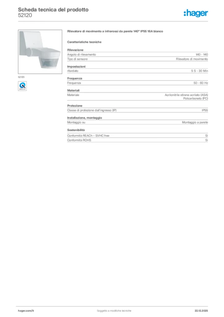 Immagine Hager Scheda tecnica del prodotto 52120 | Hager Italia
