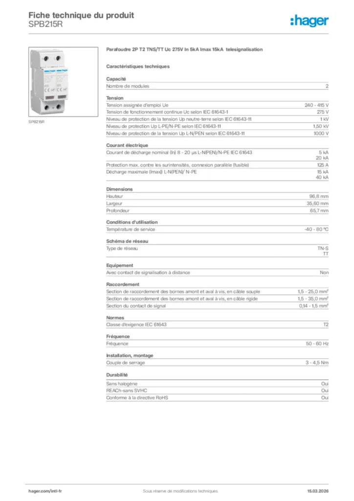 Image Hager Fiche technique du produit SPB215R | Hager Afrique