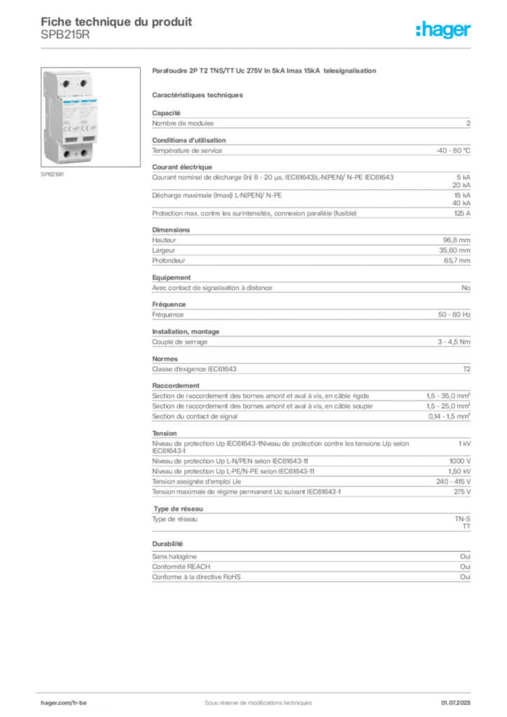 Image Hager Fiche technique du produit SPB215R | Hager Belgique