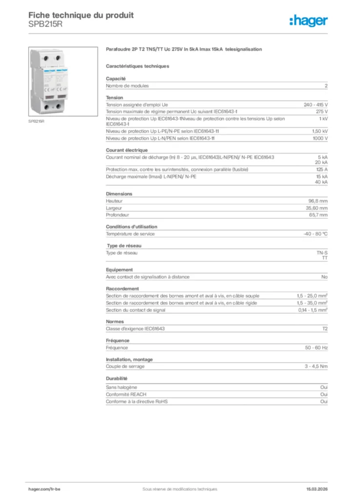 Image Hager Fiche technique du produit SPB215R | Hager Belgique