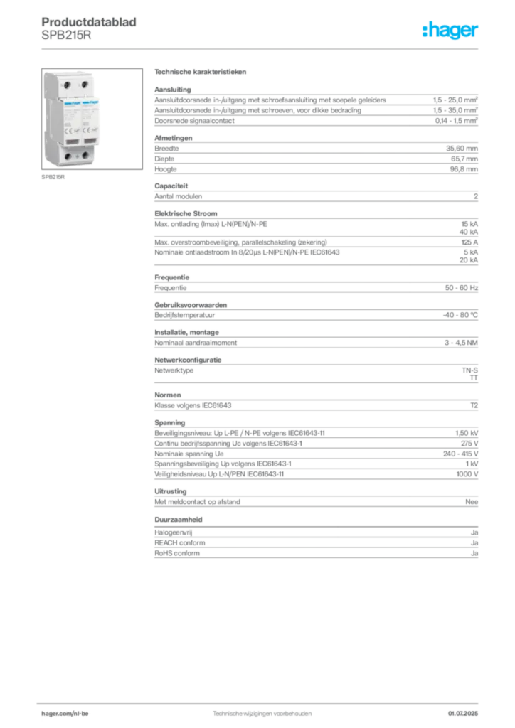 Afbeelding Hager Productdatablad SPB215R | Hager Belgium