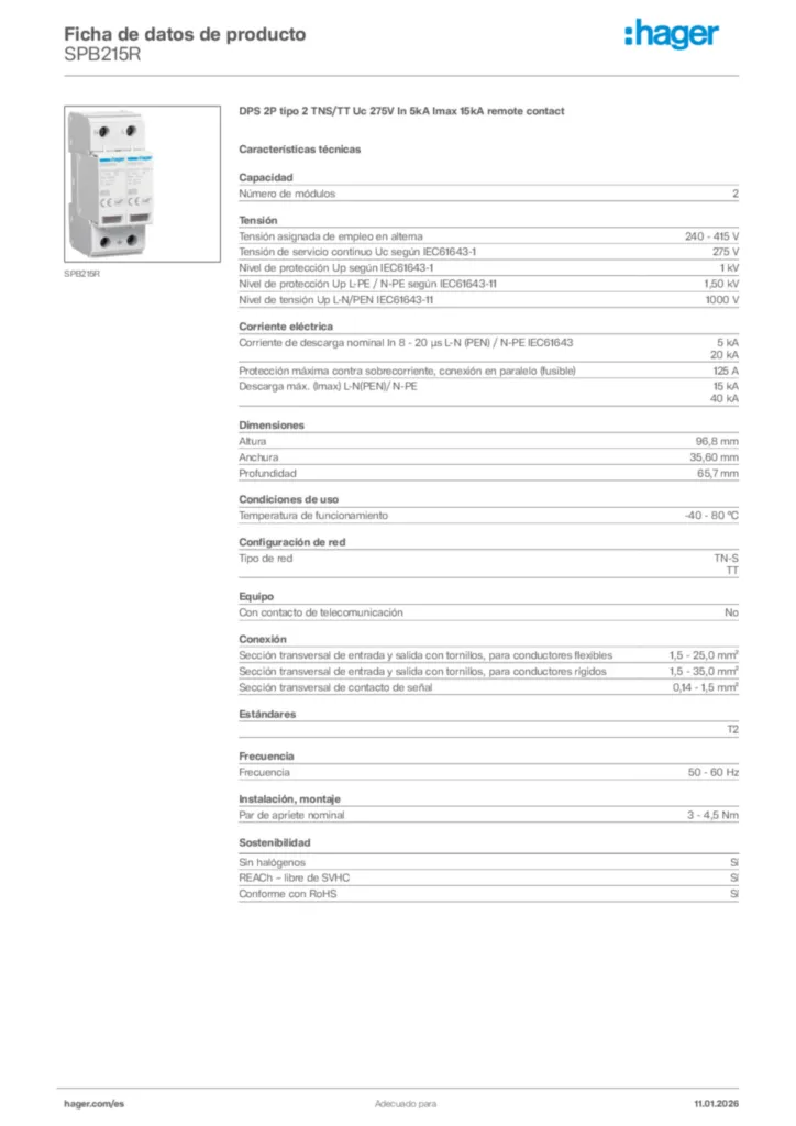 Imagen Hager Ficha de datos de producto SPB215R | Hager España