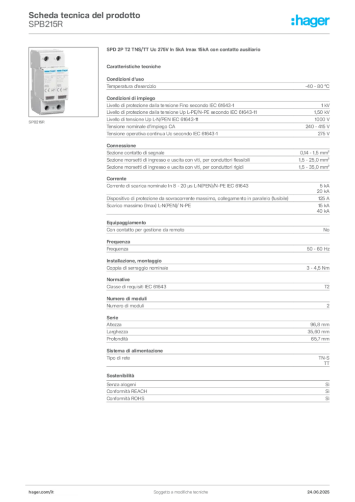 Immagine Hager Scheda tecnica del prodotto SPB215R | Hager Italia