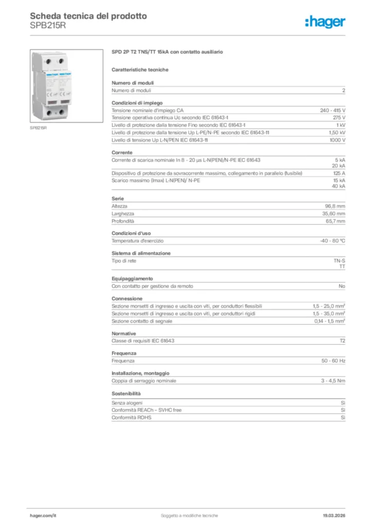 Immagine Hager Scheda tecnica del prodotto SPB215R | Hager Italia