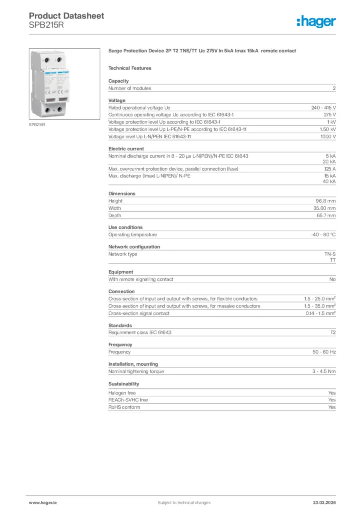Image Hager Product data sheet SPB215R  | Hager