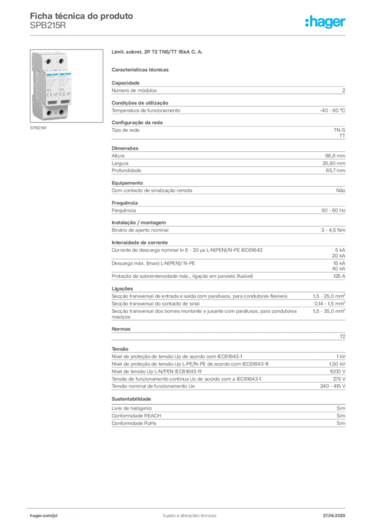 Imagem Hager Ficha técnica do produto SPB215R | Hager Portugal