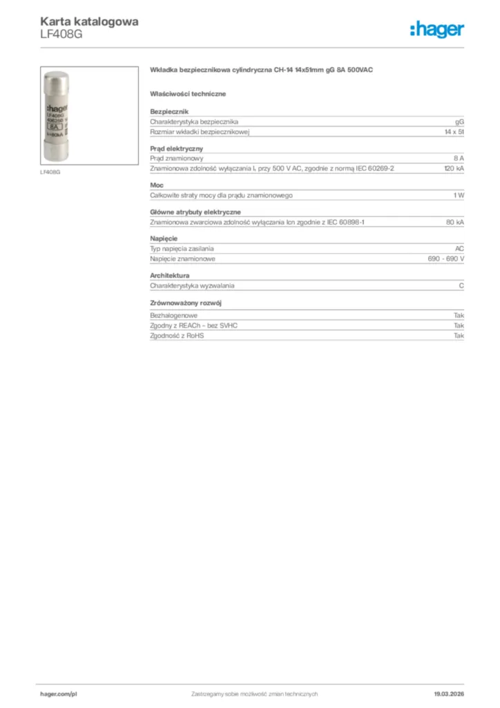 Zdjęcie Hager Karta katalogowa LF408G | Hager Polska