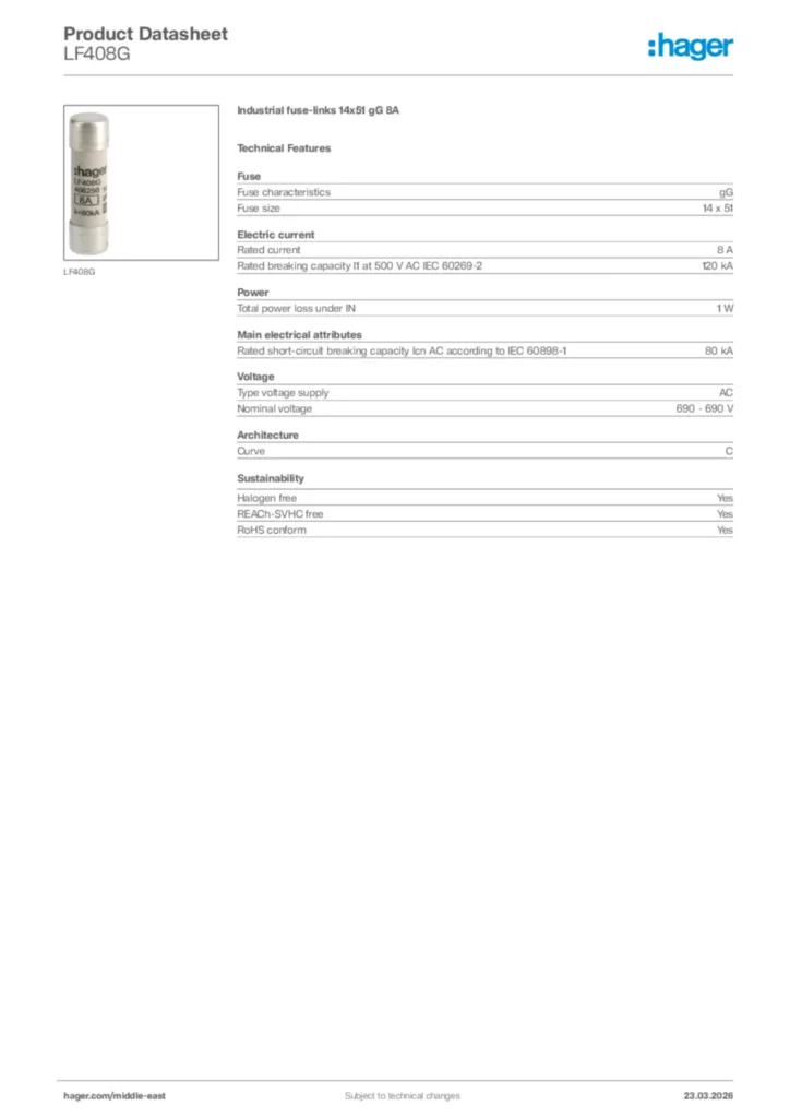 Image Hager Product data sheet LF408G  | Hager