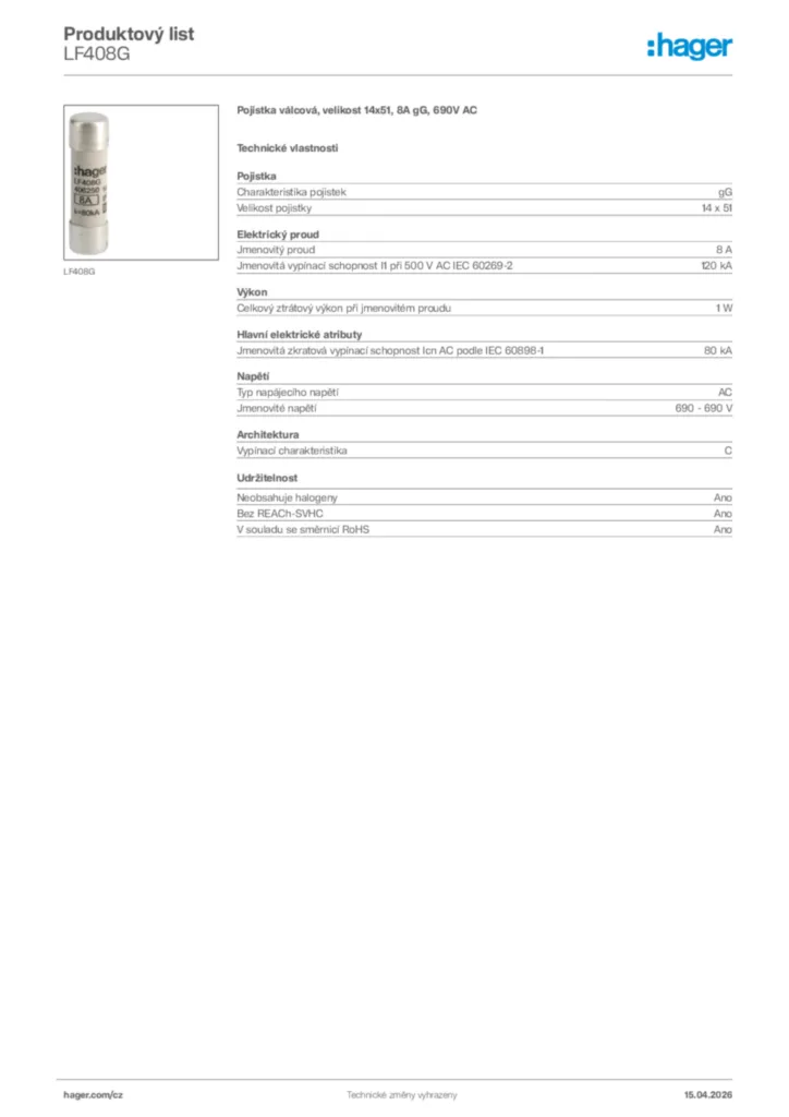 Obrázek Hager Product data sheet LF408G | Hager