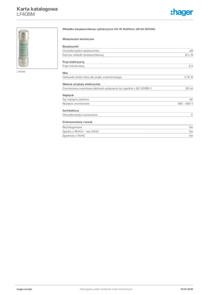 Zdjęcie Hager Karta katalogowa LF408M | Hager Polska