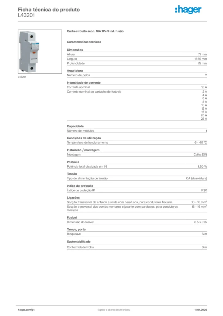 Imagem Hager Ficha técnica do produto L43201 | Hager Portugal